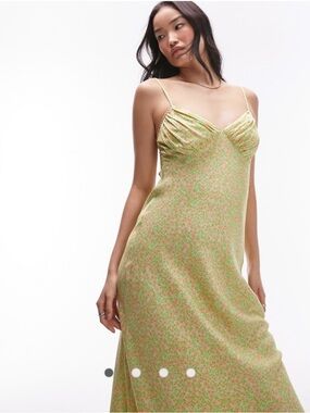Topshop Green Floral Slip Maxi Dress with Pink Accents